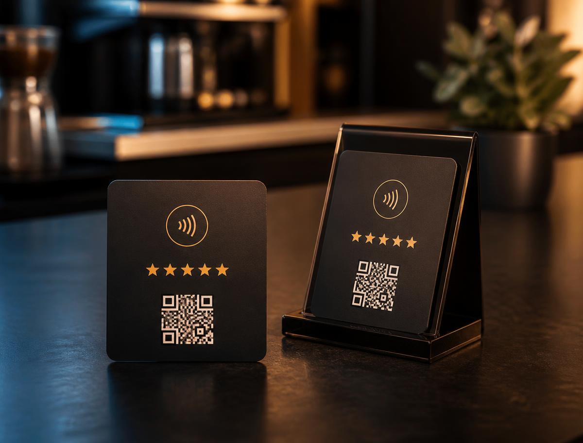 Kabsi NFC and QR review card on a café table